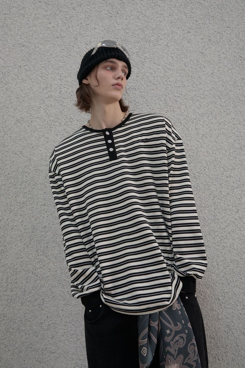 Stripe Henry neck T-shirt - Black