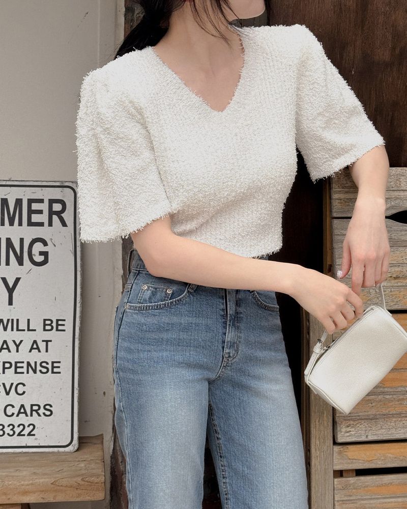 Minty V-neck short-sleeved knitwear