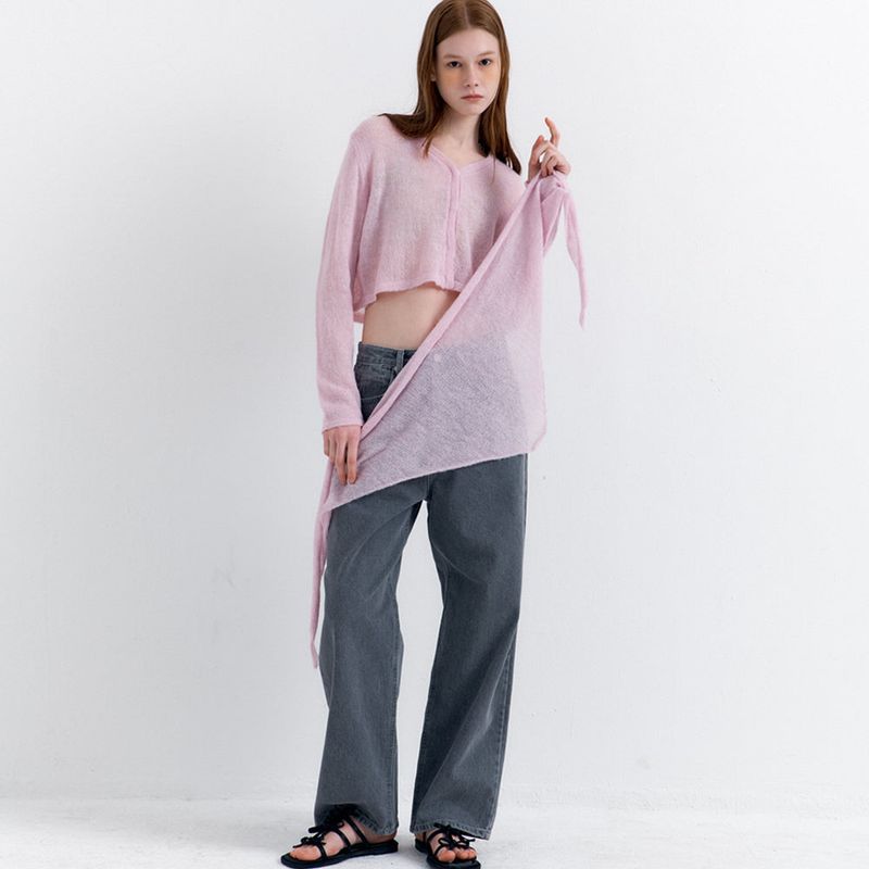 Scarf Set Cropped Knit Cardigan_Pink