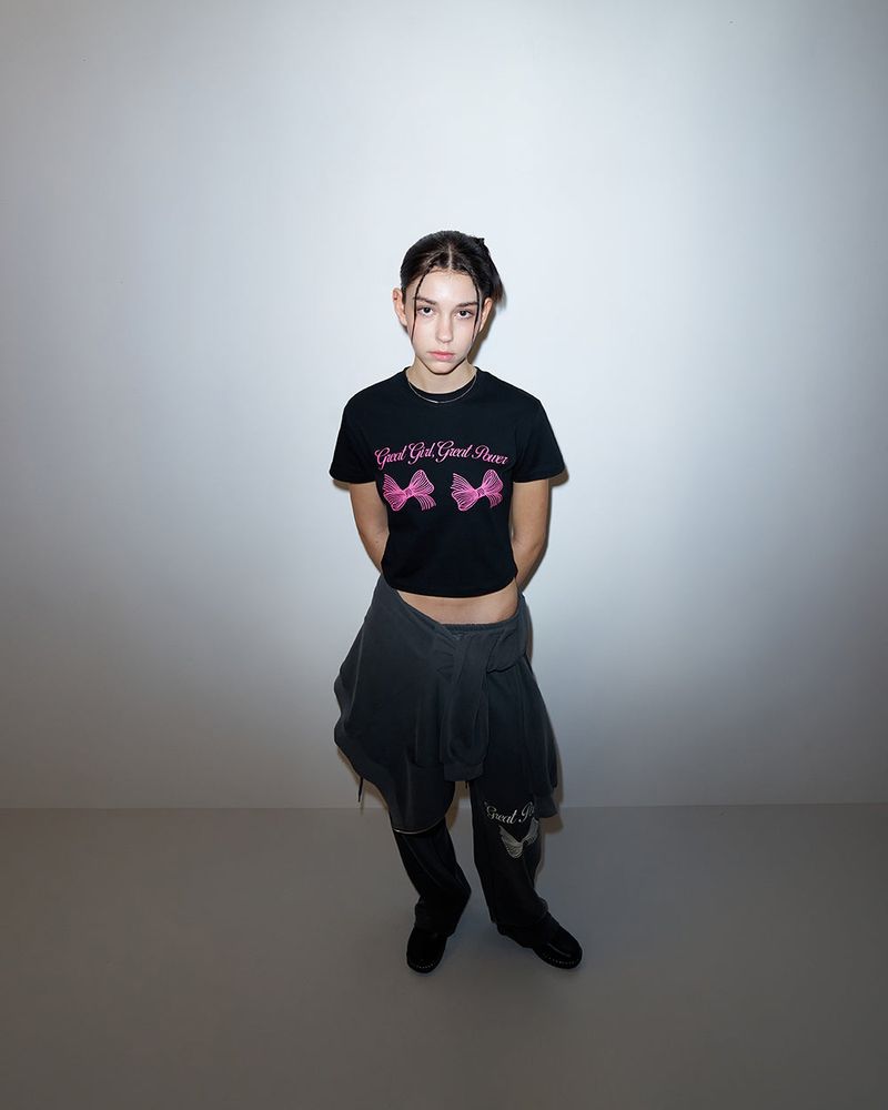 TWIN RIBBON CROP TSHIRT-BLACK