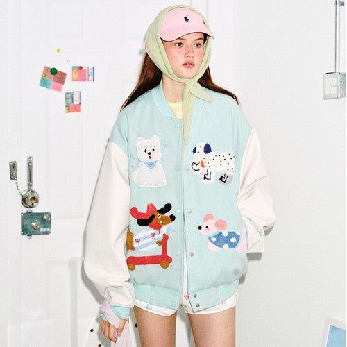 Preppy Accent Mint Cartoon Embroidered Varsity Jacket