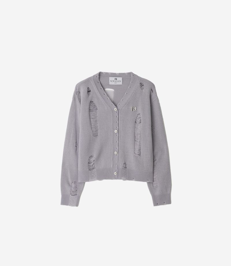 Bloom emblem demage Knit Cardigan