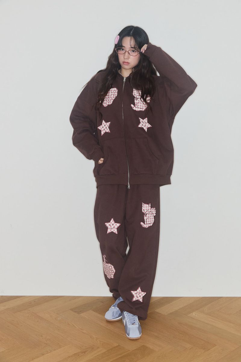 KIRING CHECK PATCH SWEAT PANTS (BROWN)