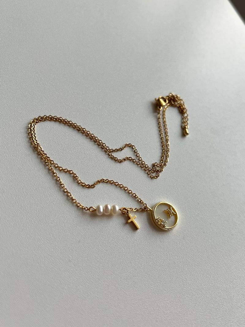 stv Moon Star Freshwater Pearl Stainless Steel Coin Layered Long Short Necklace