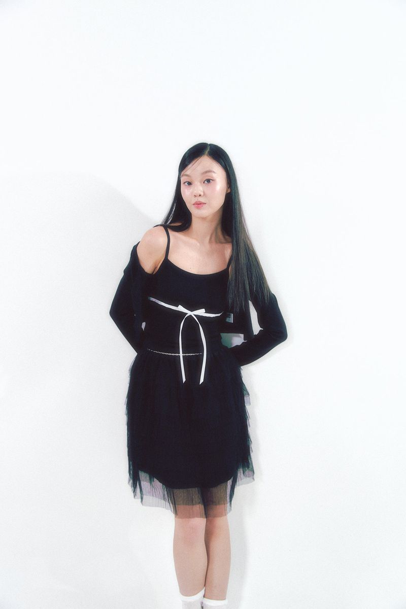 Knit Ribbon Shirring Top Set Black