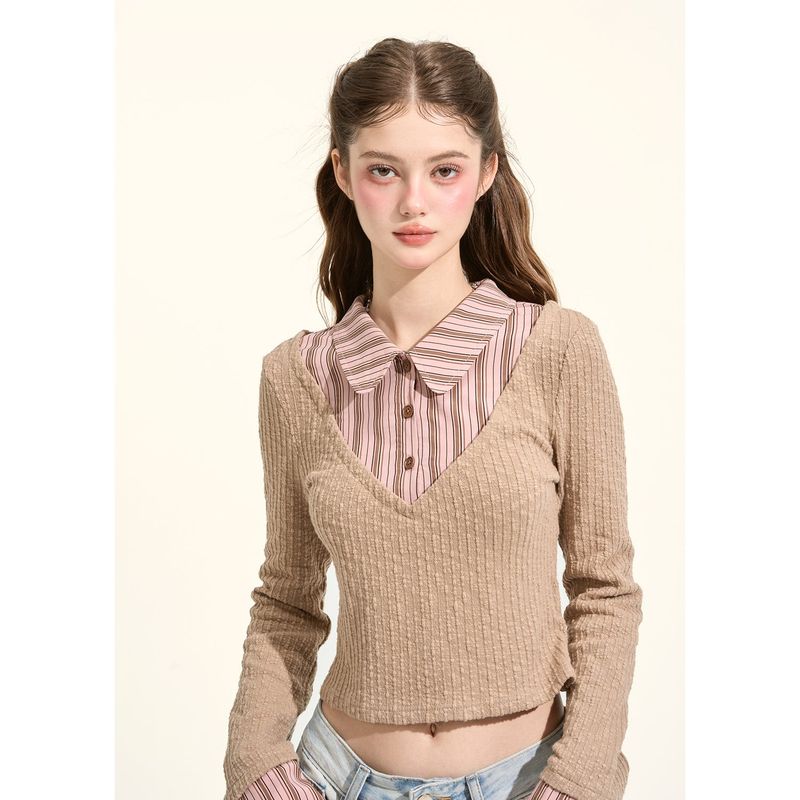 Girly Fancy Club（ガーリーファンシークラブ）の「[GirlyFancyClub] high-intelligence miu style*pink and brown striped small lapel faux two-piece knitted top for（Tops）」
