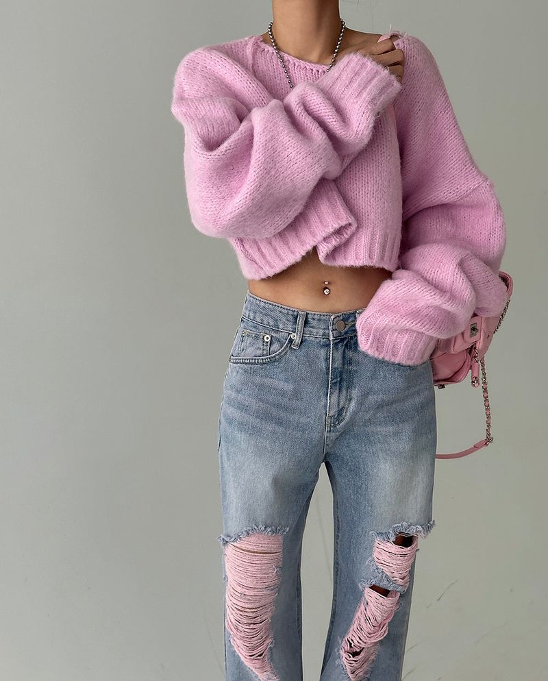Pink Damage Wide Jeans