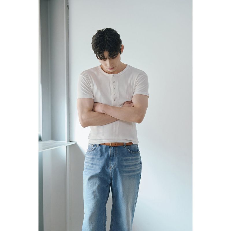 High ribbed henry neck half sleeves(Ivory)