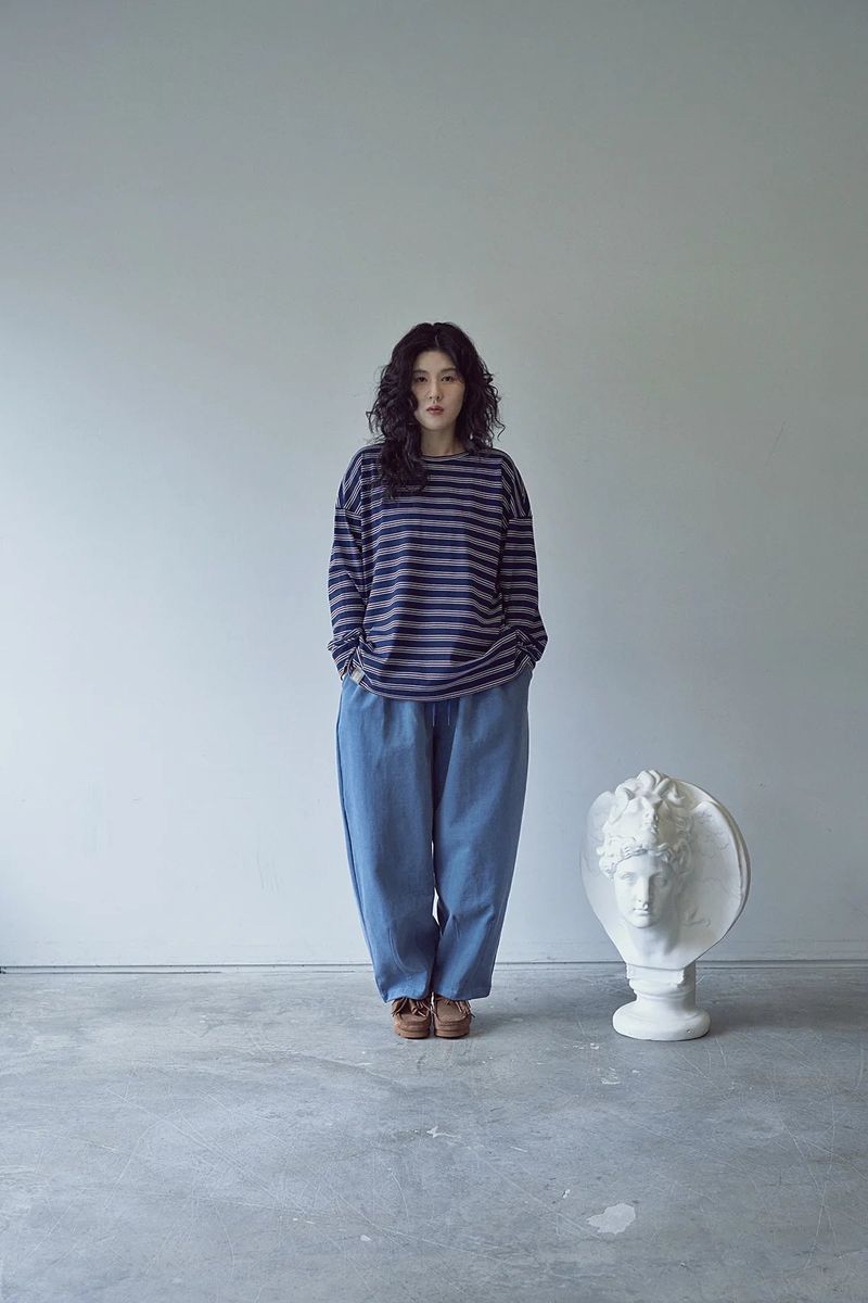 STRIPE BINDING-NECK BOX TEE (Dark Navy)