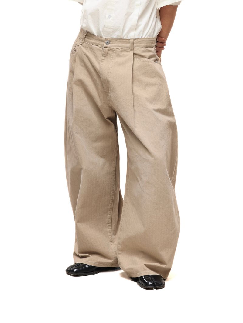 6CRAYON Khaki Classic Herringbone Washed Wide-Leg Trousers