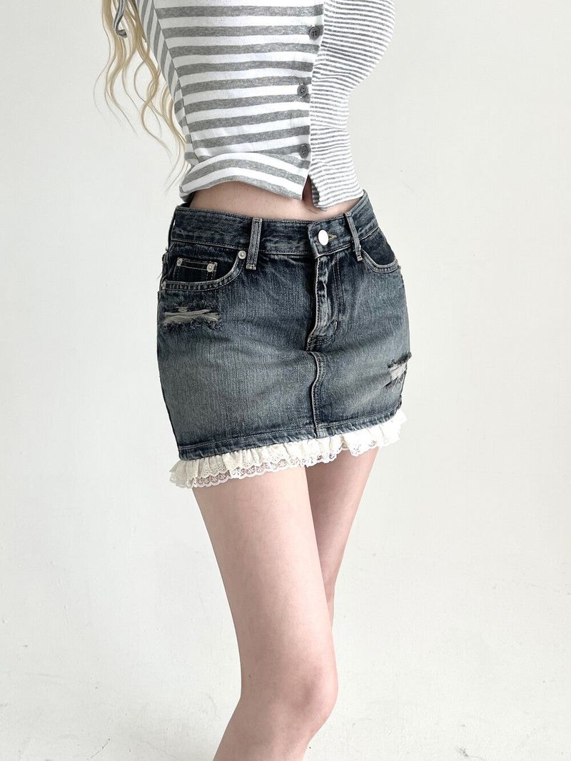 1482. denim frill damage mini skirt (2color)