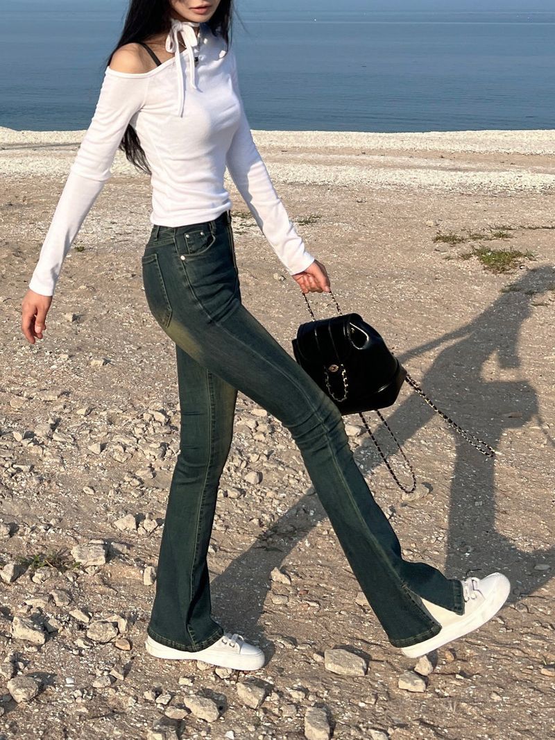 LONG & SLIM FIT Slit detail bootcut high waist hip deep pad long denim pants (3 colors)