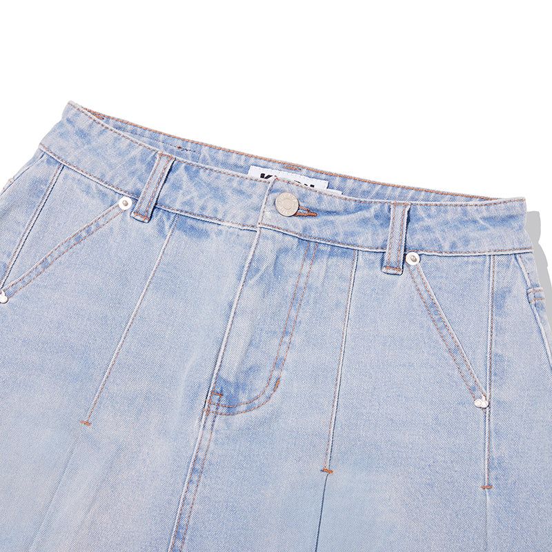 CHERRY DENIM PLEATS MINI SKIRT [LIGHT BLUE]