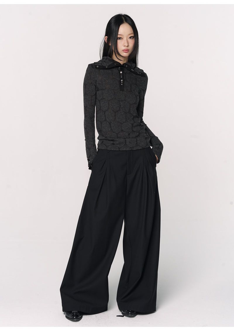 CONFUN Henry rivet patchwork lapel jacquard knitted slim top