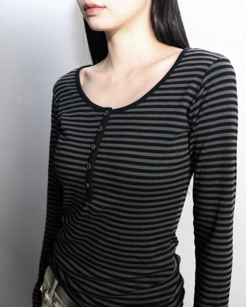 Henley Neck Long Sleeve Stripe Black