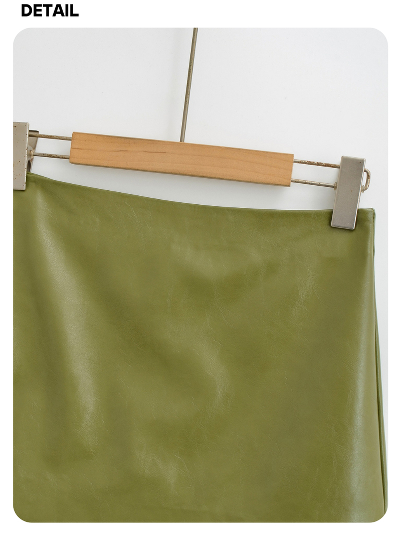 Olive leather A-line mini skirt