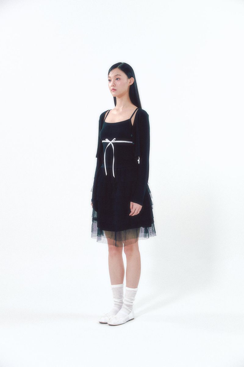 Knit Ribbon Shirring Top Set Black