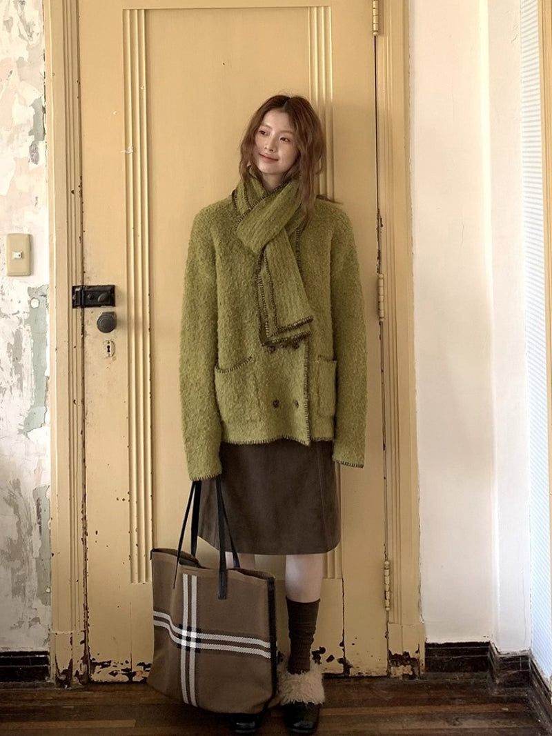 Green tea wool muffler knit cardigan