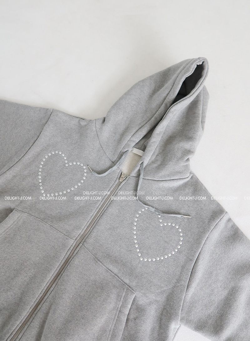 Wool napping heart wrinkle shirring hooded zip-up