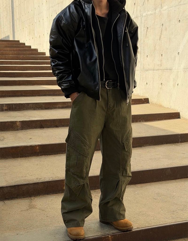 Hood layered leather blouson(3color)