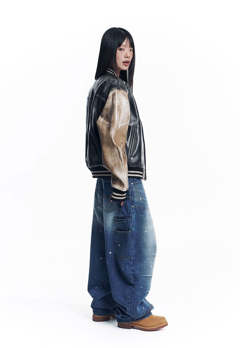 Curved Double Knee Denim Pants - Deep Blue