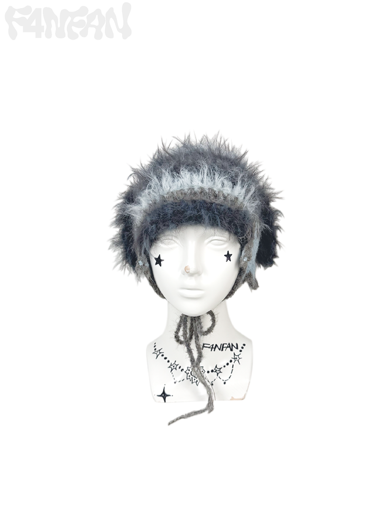Handmade Crochet Fluffy Puppy Ear Hat & Star Ear Warmers- Misty Cool-Toned