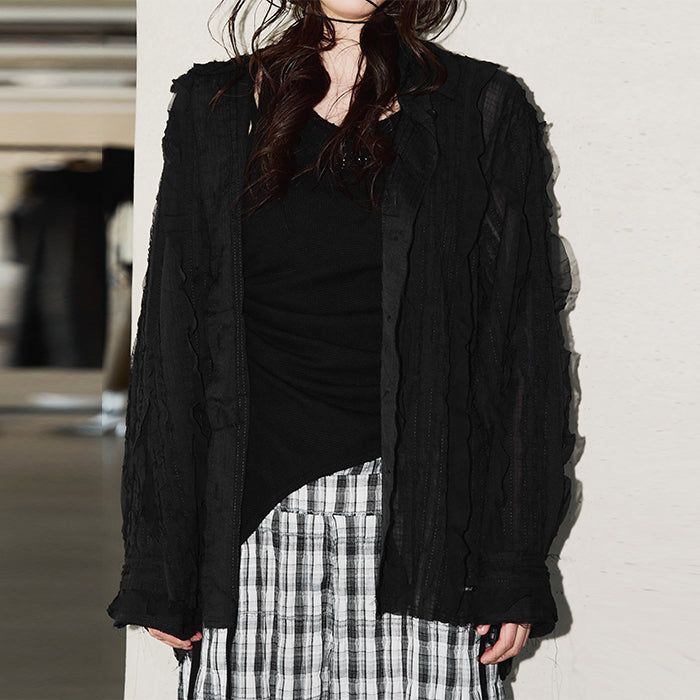 Raw Edge Detail Ruffle Shirt _ Black