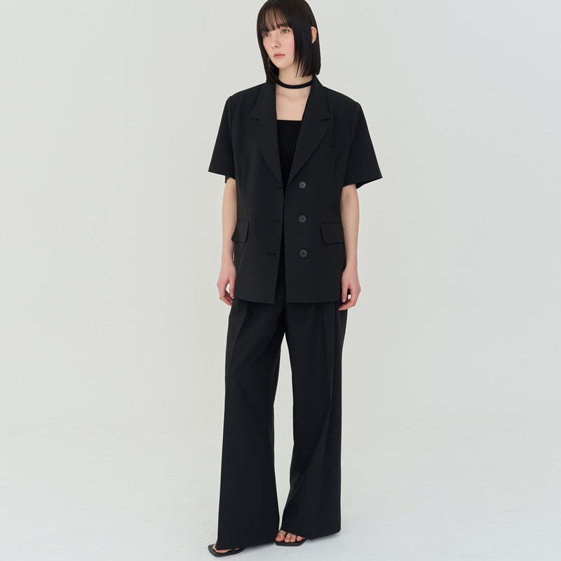 THREE PINTUCK SUMMER WOOL PANTS (BLACK)