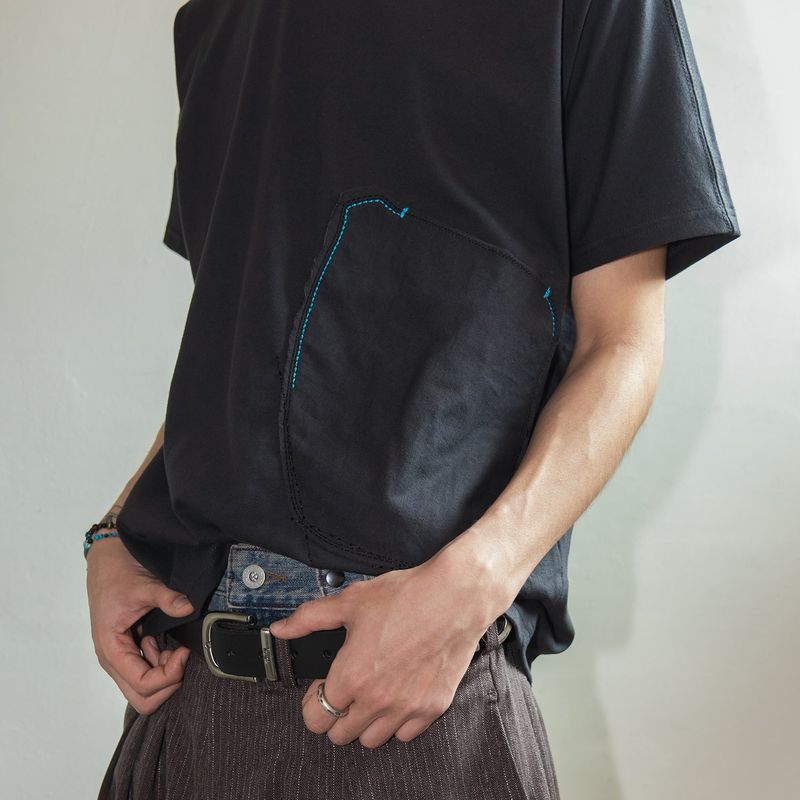 Patchwork pocket half T-shirts / Dusty black