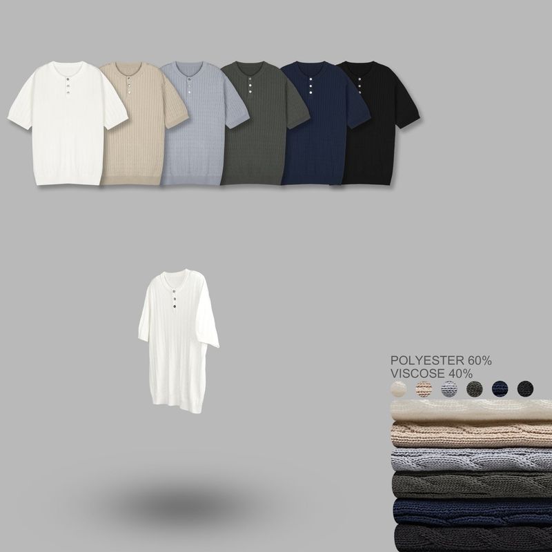 Cable Span Henley Neck Short Sleeve Knit 6COLOR
