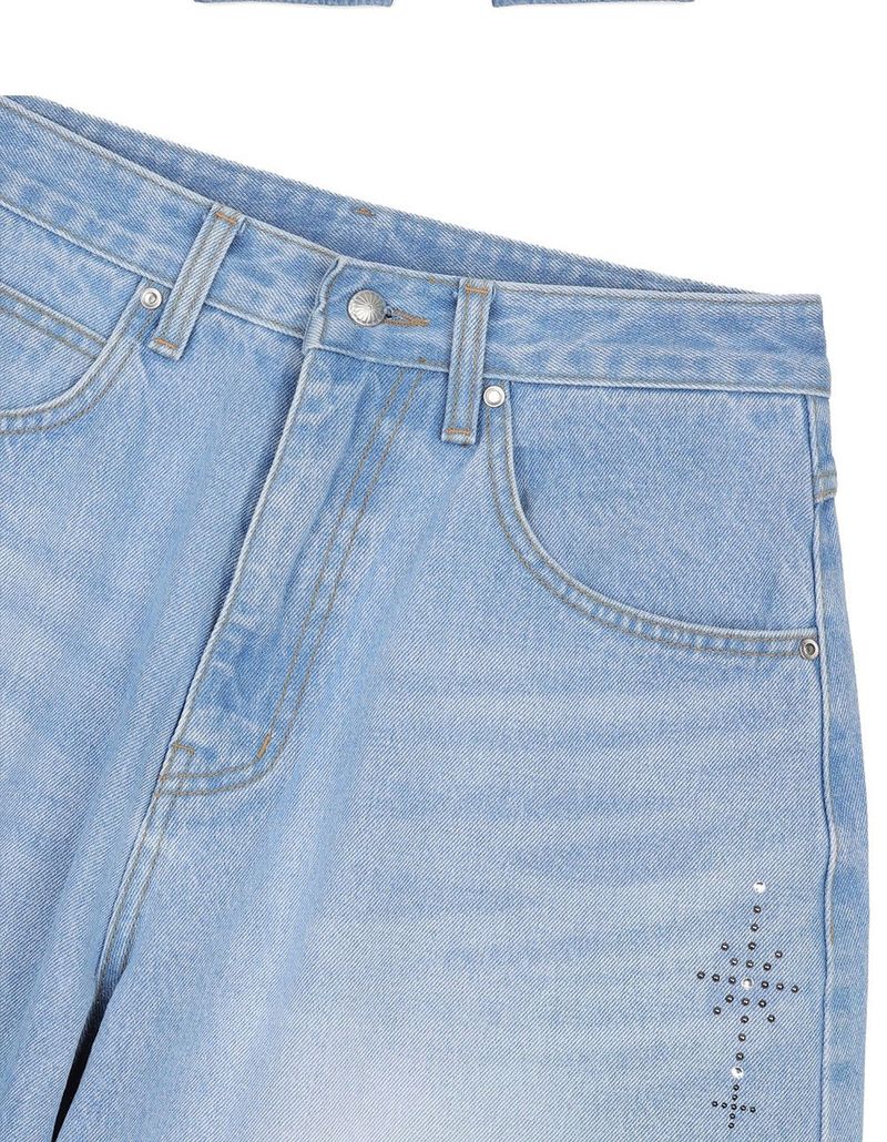 Curved Western Stud Denim Pants - Light Blue