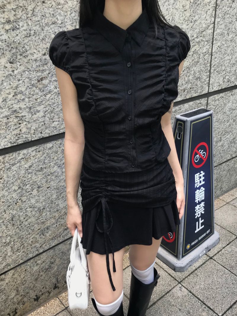 City Class Sheer Shirring HAlf Shirt& Skirt SET 