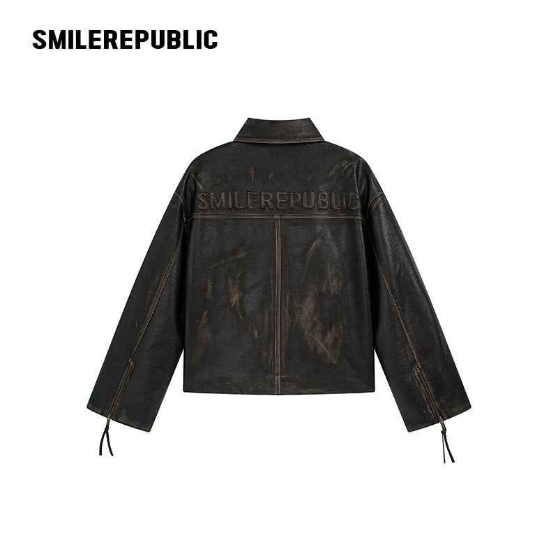 Brown Distressed PU Coated Faux Leather Oversized Asymmetrical Zip Jacket with Logo Back