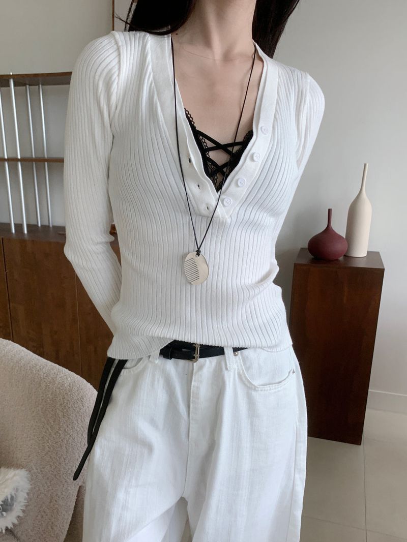 Secret Slim Fit Button Rib Knit & Lace Bra 2pcs