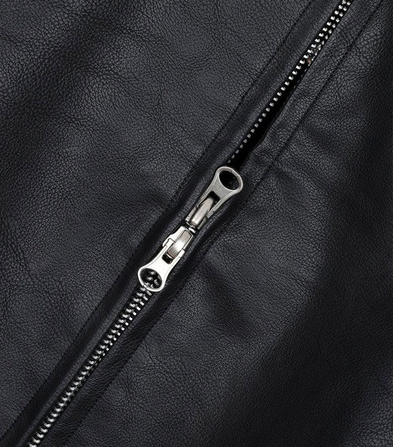High Neck Leather Crop Jacket - Black