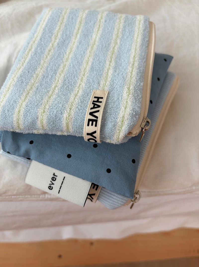 Terry candy stripe flat pouch - blue , S size