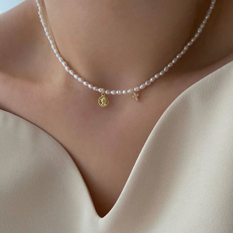 daco Silver 925 Fresh Water Pearl Coin Cross Layered Choker Necklace