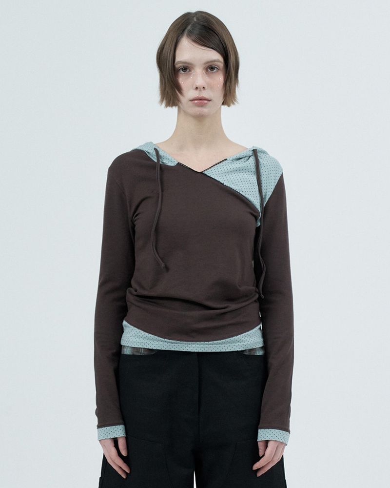Fazed（フェイズド）の「dot wrap layered hoodie / brown（Tops）」