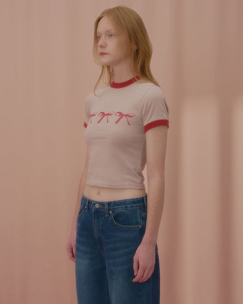 TRIPLE RIBBON RINGER TSHIRT-BEIGE