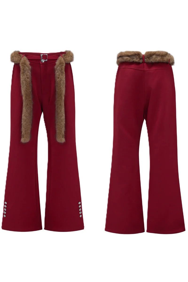 Flared Tailored Pants with Fur Belt