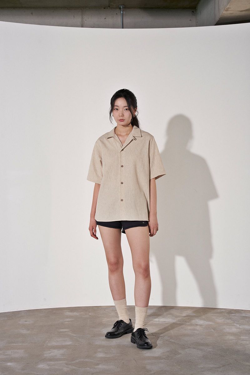 HERRINGBONE LINEN TAILORED 1/2 SHIRT (Oatmeal)