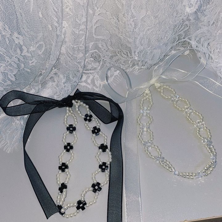 mix pearl ribbon tie choker