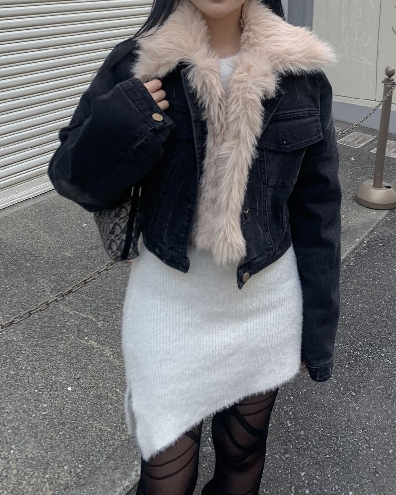 Fur denim crop jacket
