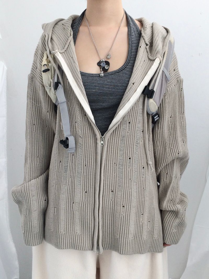 Punch Damage Hooded Knitwear Zip-Up