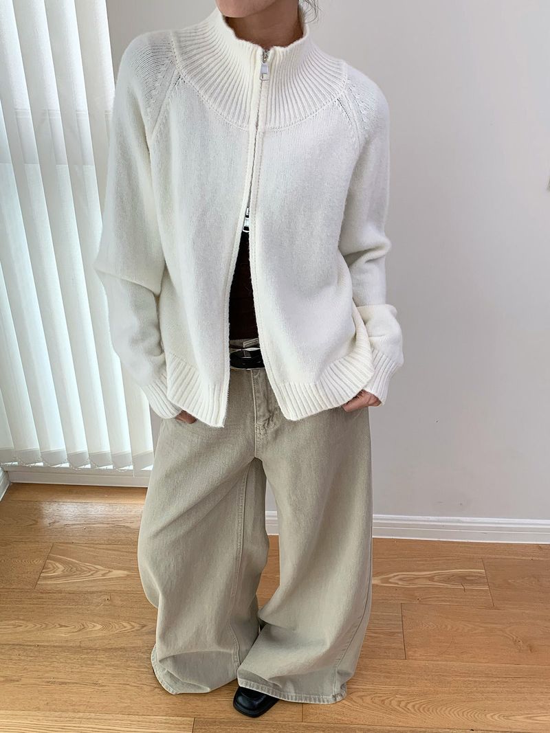 Stand Collar High Neck Zip-Up Long Sleeve Knitwear