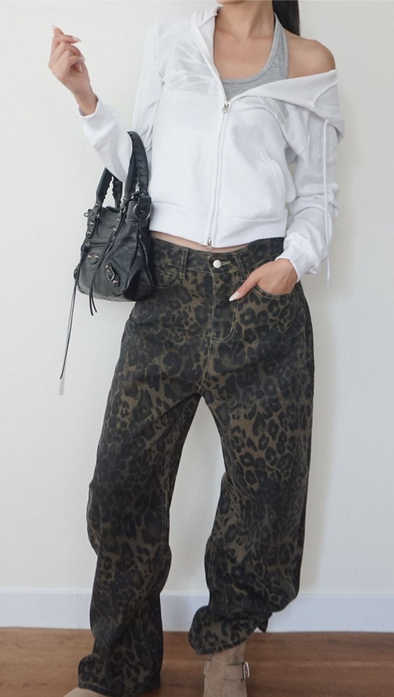 leopard denim pants