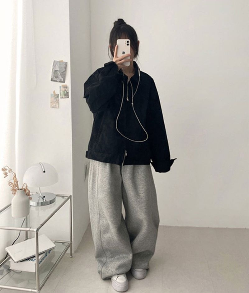 Rentto Basic Collar Zipper Loose Fit Cotton Jacket
