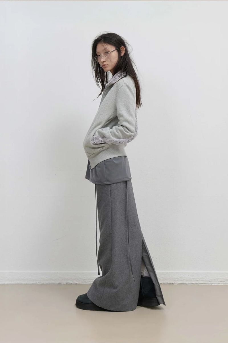 Fur Trim Jersey Zip-up / Grey