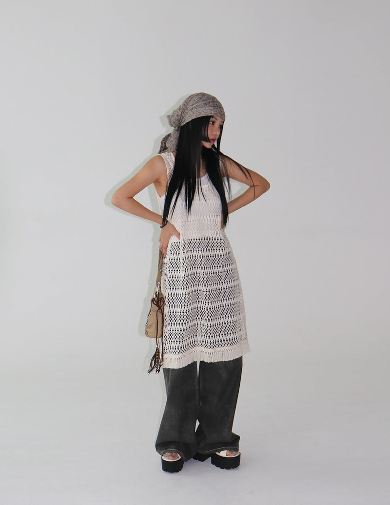 Fringe Mesh Crochet Layered Dress