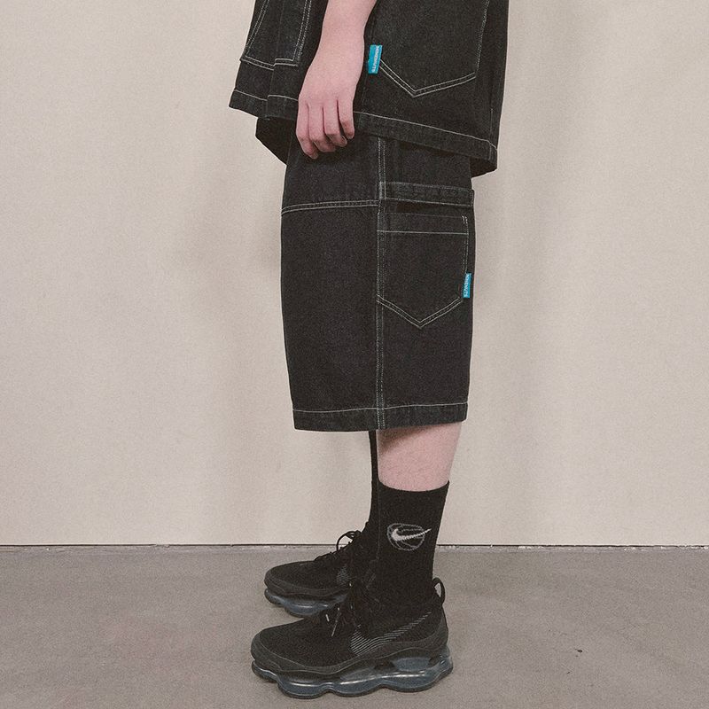 denim stitch shorts_black